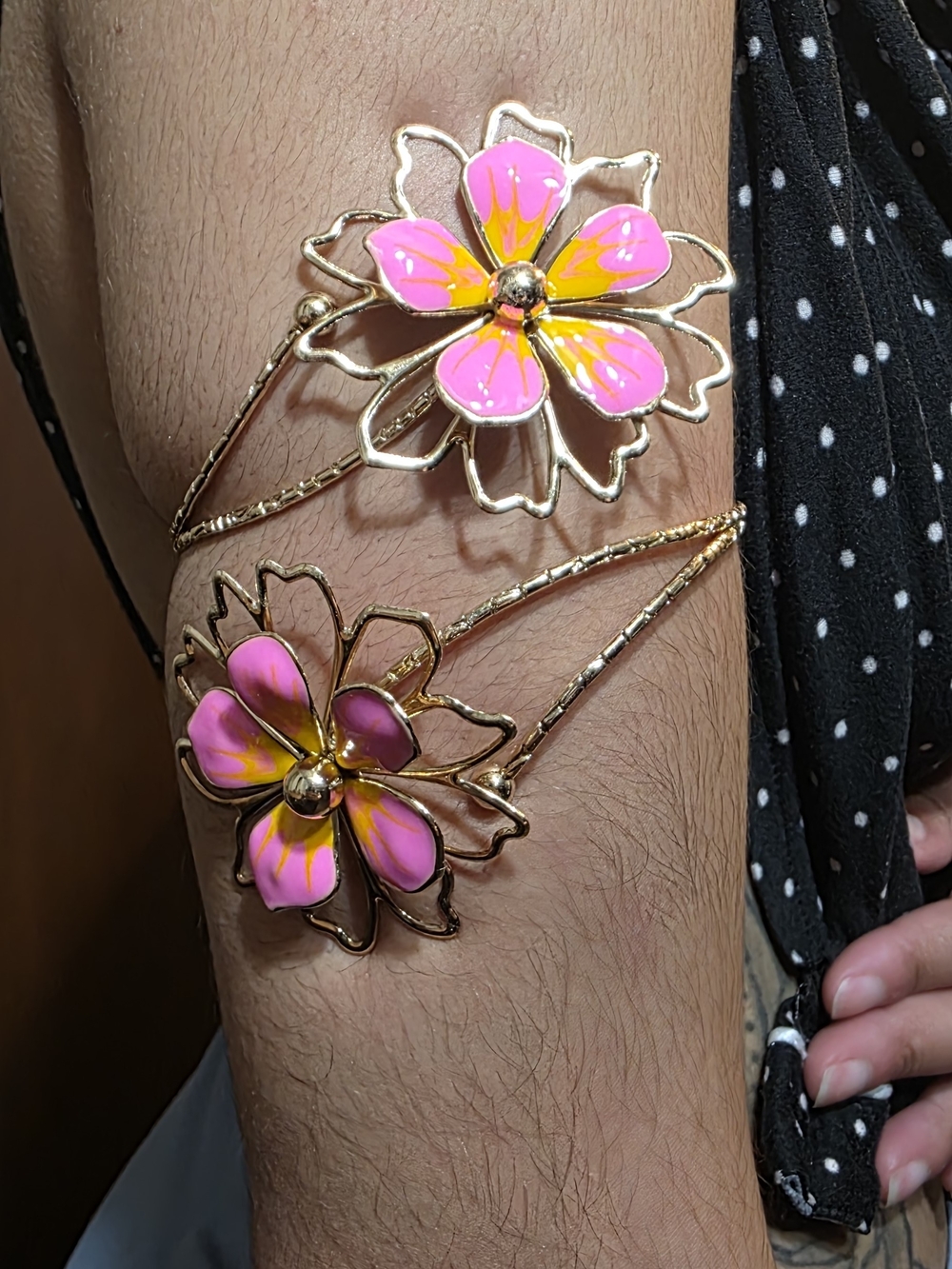 Gold Floral Pink Yellow Enamel Cuff Bracelet - Women Jewelry